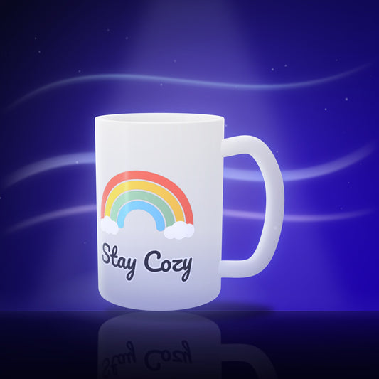Personalized 15 oz white ceramic mug with a rainbow Stay Cozy design