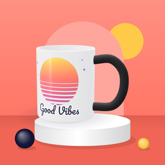 Heated magic mug showing a colourful Good Vibes sunset design on a coral studio backdrop