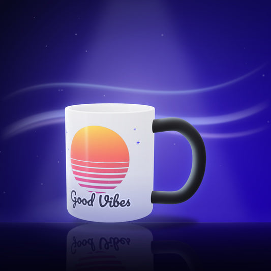 Heated magic mug showing a colourful Good Vibes sunset design
