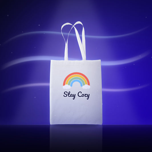 Custom printed tote bag with a Stay Cozy rainbow design