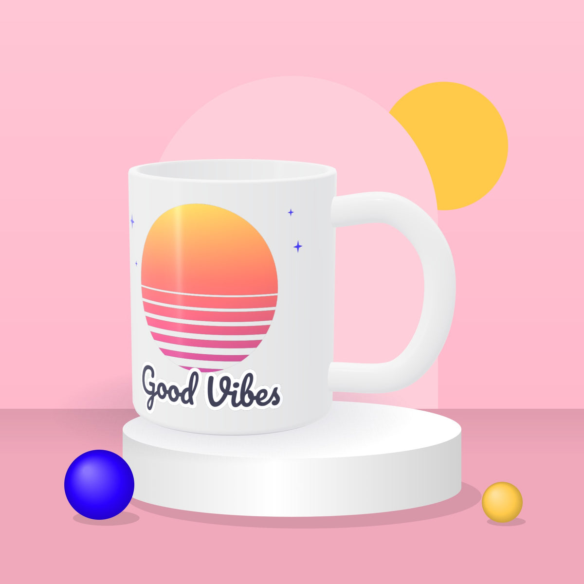 Personalized 11 oz white ceramic mug with a colourful Good Vibes sunset design on a pink studio backdrop
