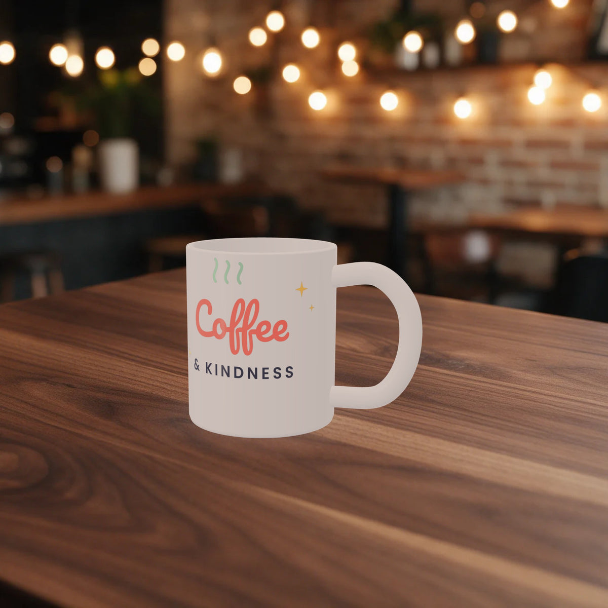 Custom 11 oz mug with Coffee & Kindness design on a wooden café table