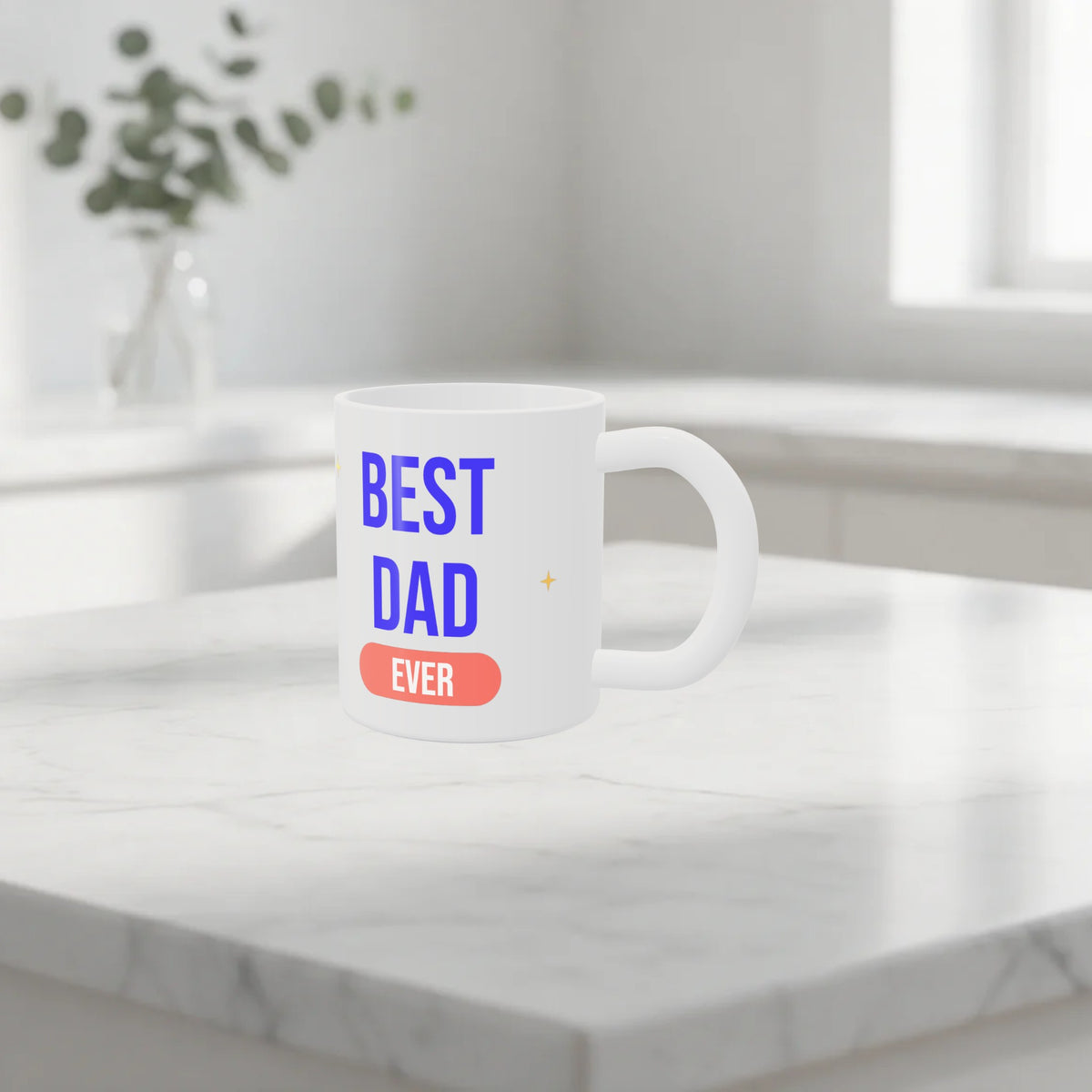 Custom 11 oz mug with Best Dad Ever design on a marble kitchen counter