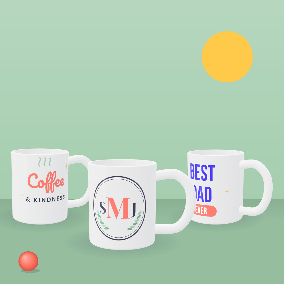 Three personalized 11 oz mugs showing text, monogram and Best Dad designs