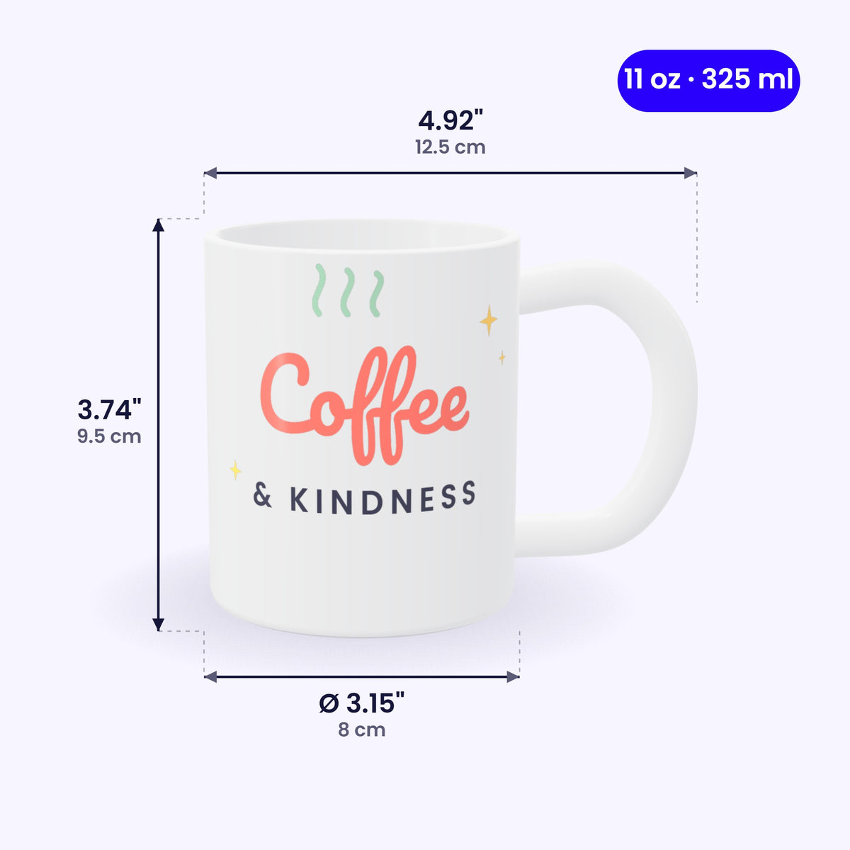 11 oz mug size guide: 3.74 in tall, 3.15 in diameter, 4.92 in wide with handle