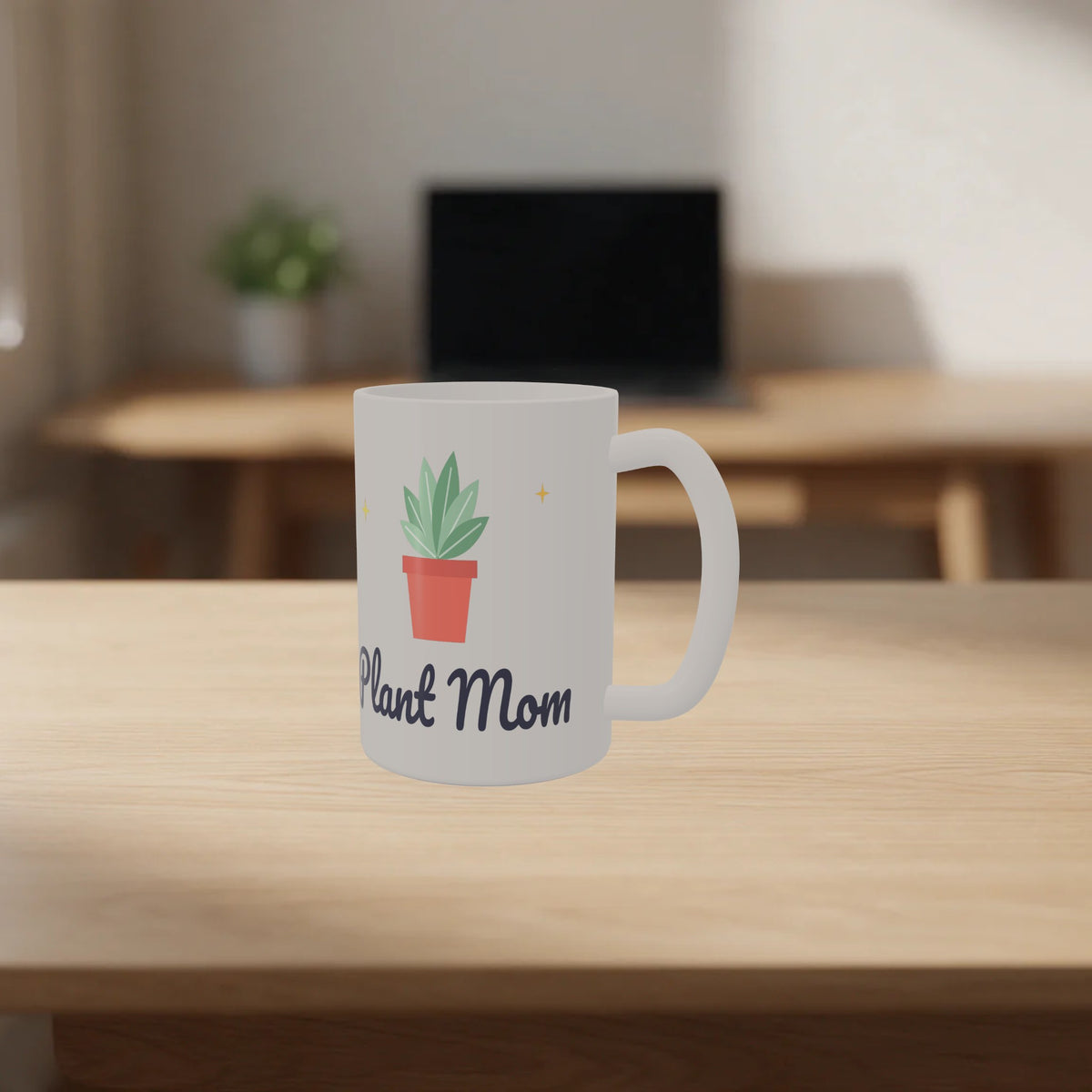 Custom 15 oz mug with a Plant Mom design on a home office desk
