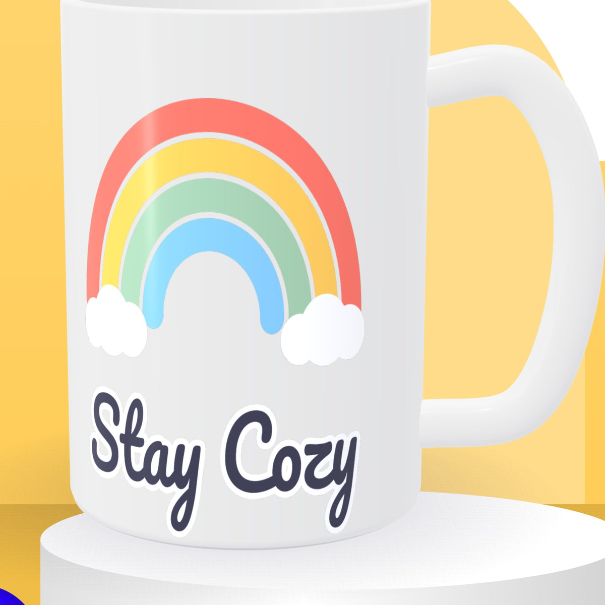 Close-up of the full-colour rainbow print on a custom 15 oz mug