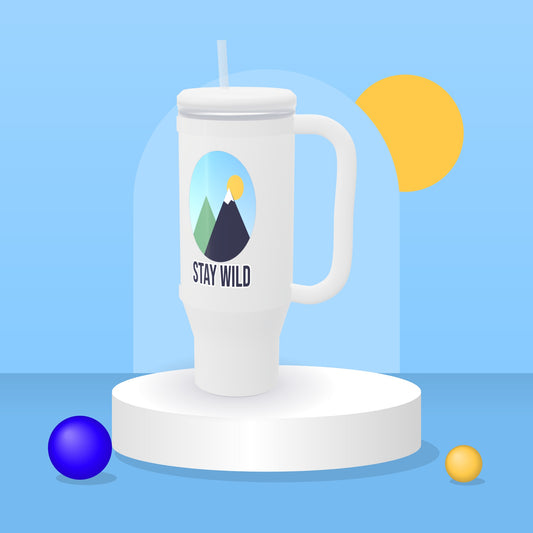 Personalized 40 oz tumbler with handle in White with a Stay Wild mountain design