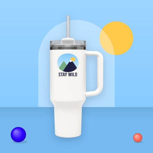 Personalized 40 oz tumbler with handle in White with a Stay Wild mountain design